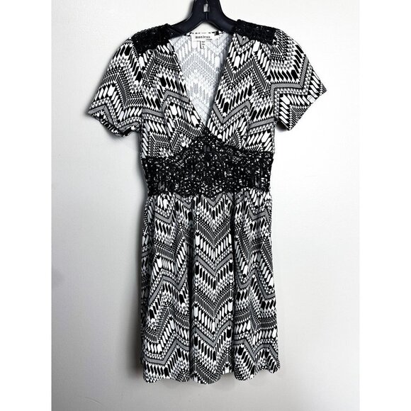 Monteau Black Printed Lace Corset Style V Neck Mini Dress Womens Small - Picture 1 of 5